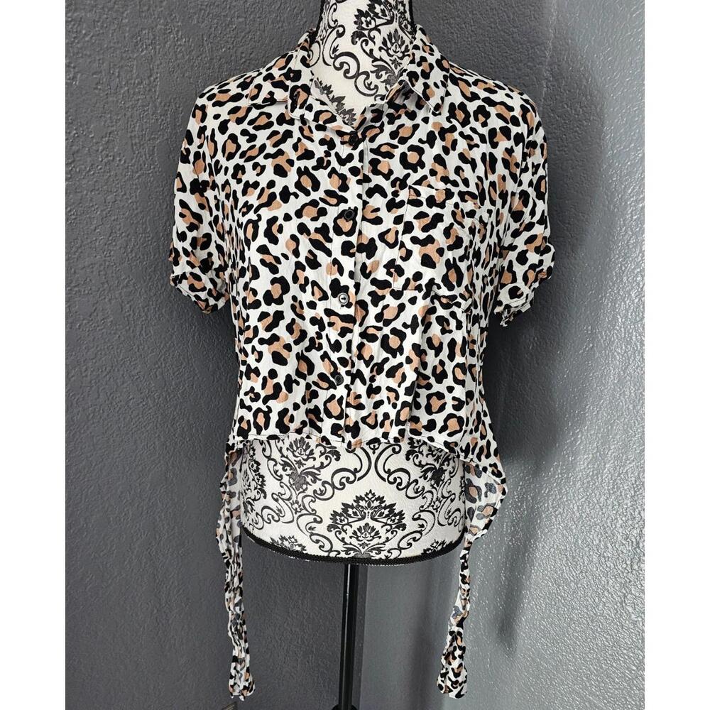 Women's Pink Peony Button Up Crop Top Blouse Leopard Size Large Multicolor Print